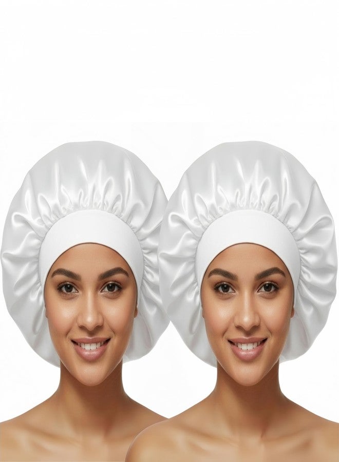 AILONSHAWN White Silk Bonnet for Sleeping Women Satin Hair Bonnets for Sleeping Curly Hair Large Silk Sleep Bonnet Cap 2 Pack Satin Night Cap - Image 1